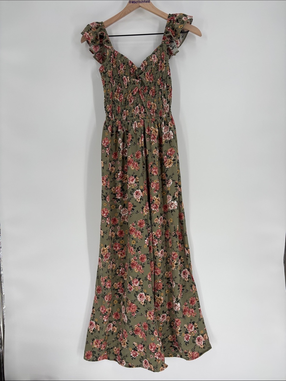 Pie in the sky smocked wide leg jumpsuit medium green floral